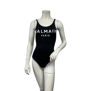 Balmain Paris Black Logo One Piece Swimsuit White Trim Sz 38